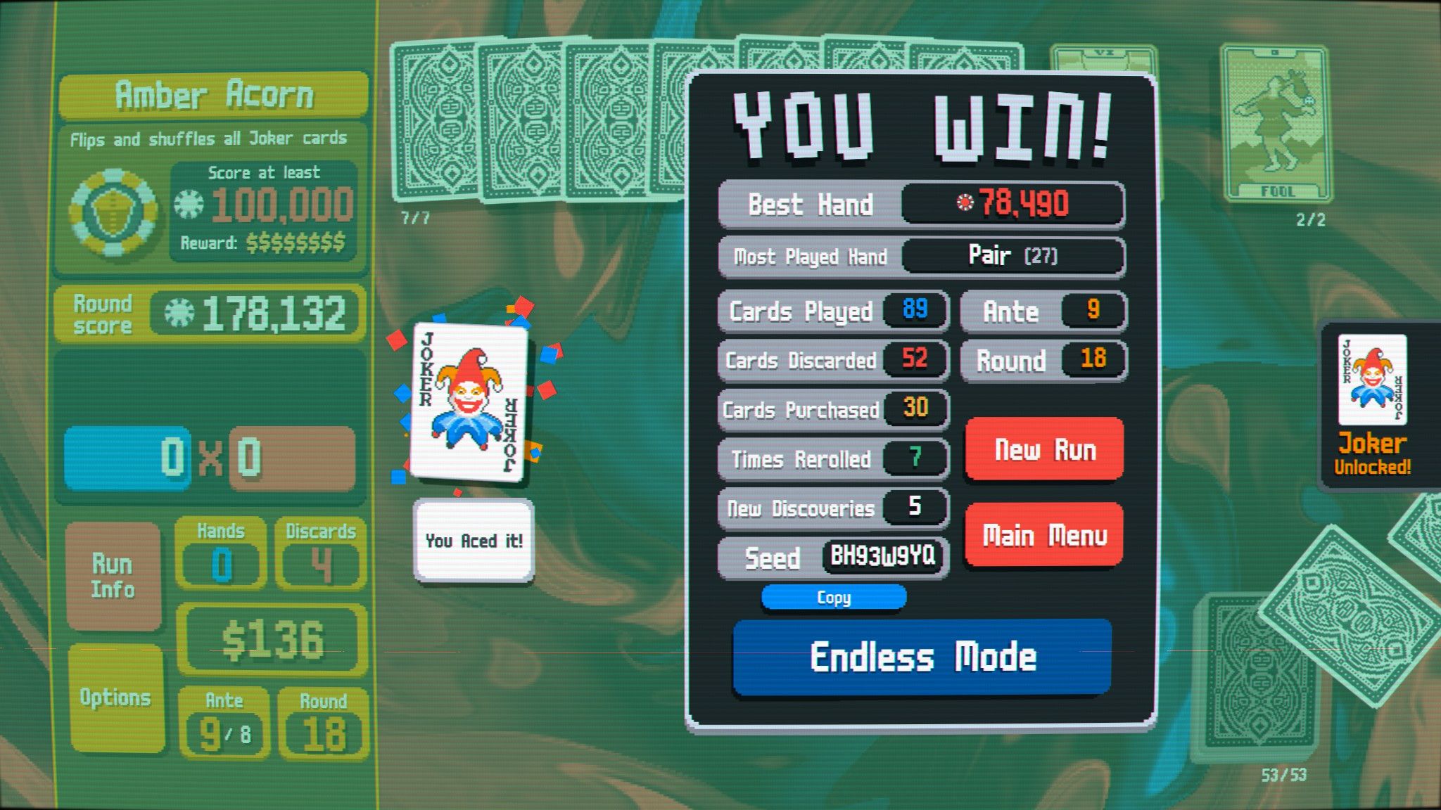 A completed game of Balatro, displaying the win screen.