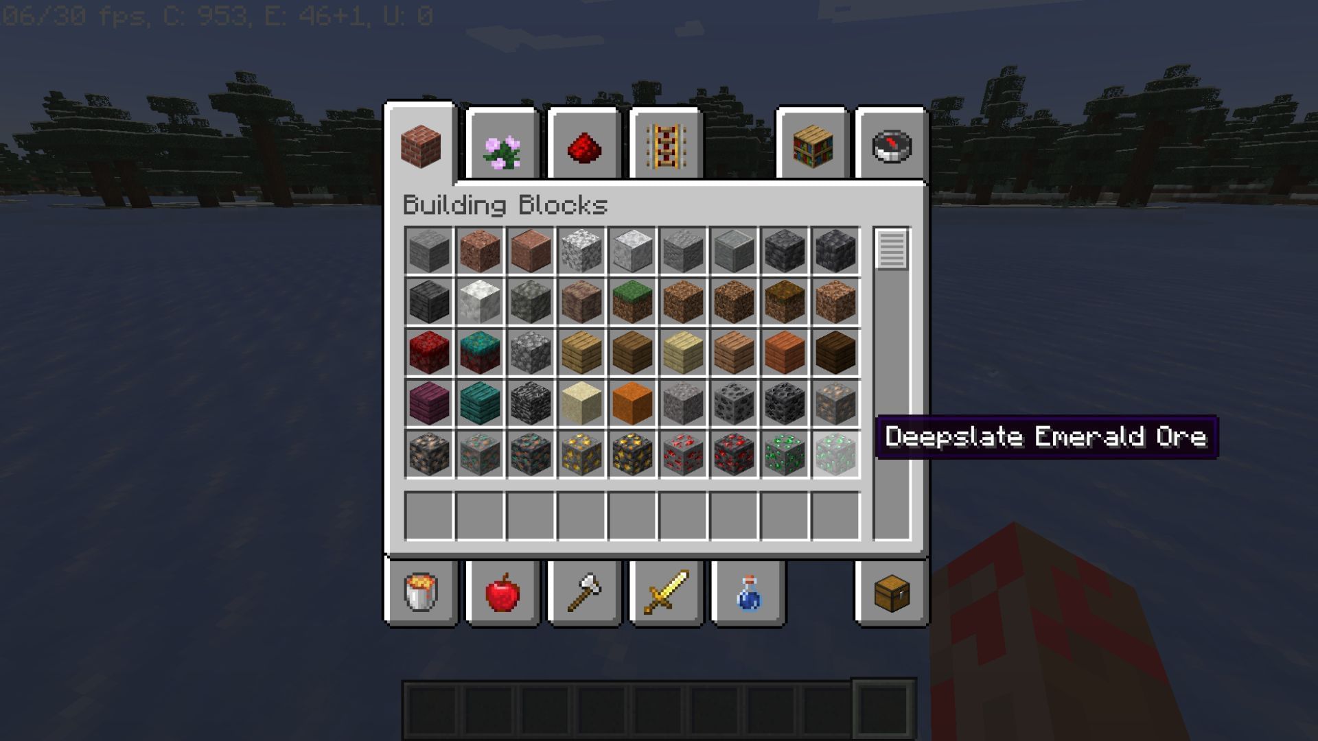 An image of the Minecraft creative menu, showing the variety of blocks available.